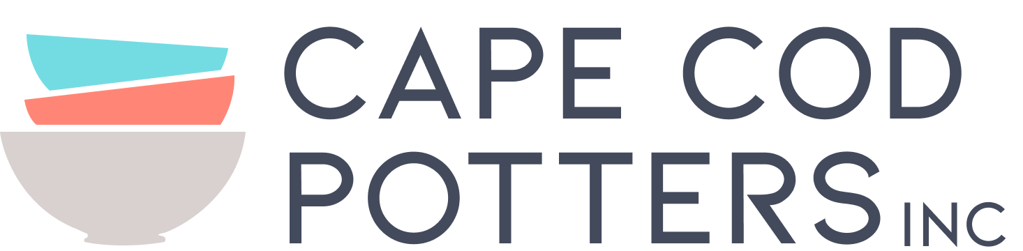 Official Cape Cod Potters logo: three stacked bowls in turquoise, coral and grey beside CAPE COD POTTERS INC lettering (first-party).