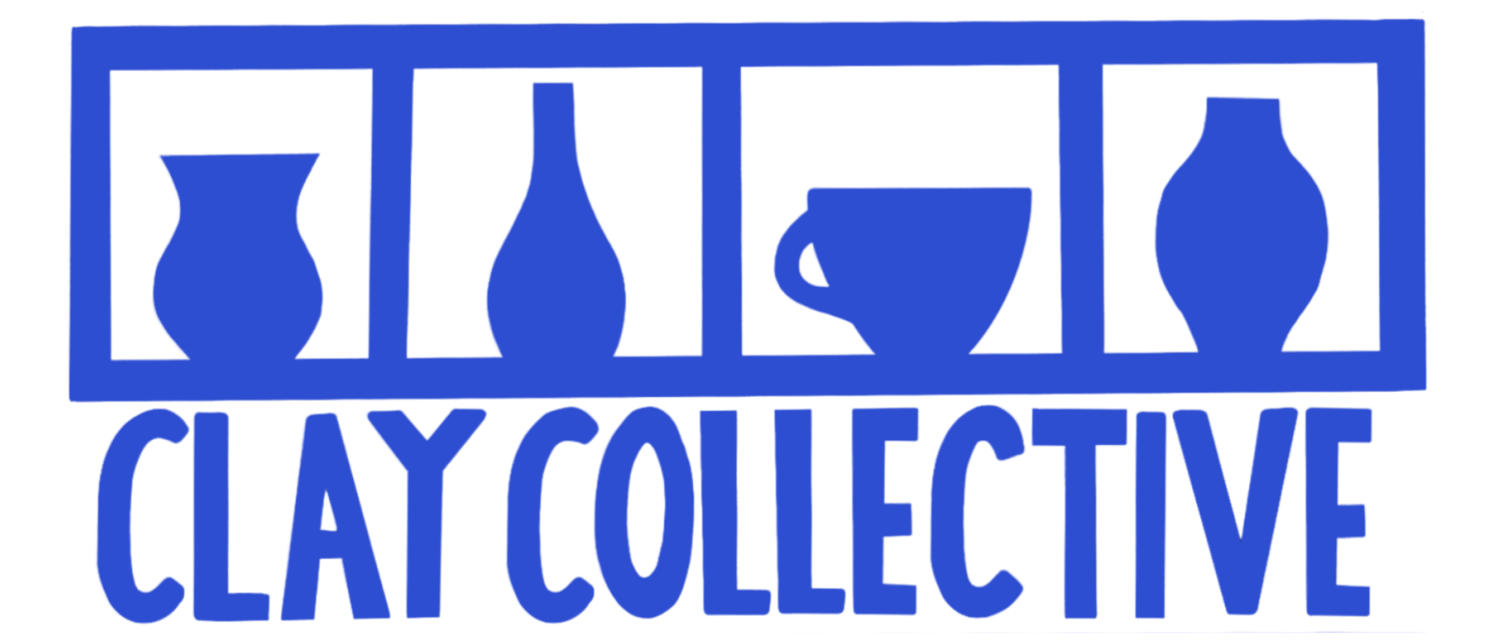 Official Clay Collective logo: four blue pottery silhouettes above the studio name (first-party).