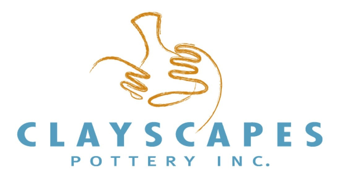 Official Clayscapes Pottery logo: gold line-drawn hands around a pot above CLAYSCAPES POTTERY INC. in blue lettering (first-party).
