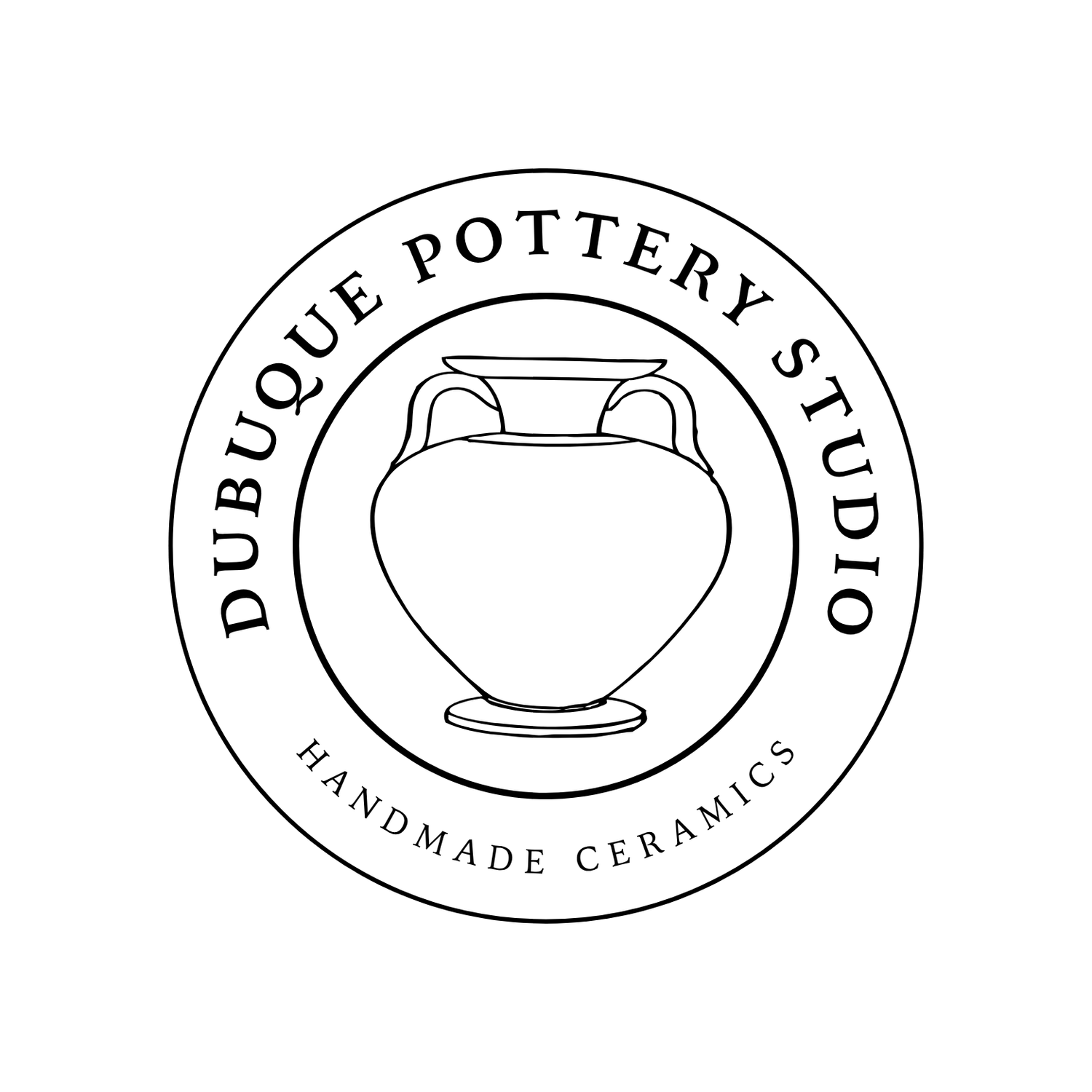 Official Dubuque Pottery Studio round logo: a line-drawn amphora inside a ring lettered DUBUQUE POTTERY STUDIO and HANDMADE CERAMICS (first-party).