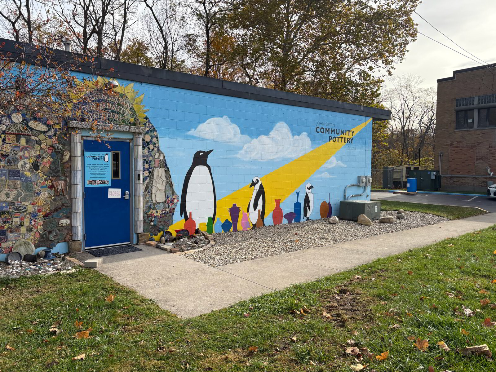 John Bryan Community Pottery studio building in Yellow Springs, Ohio, with its penguin mural. First-party photo.