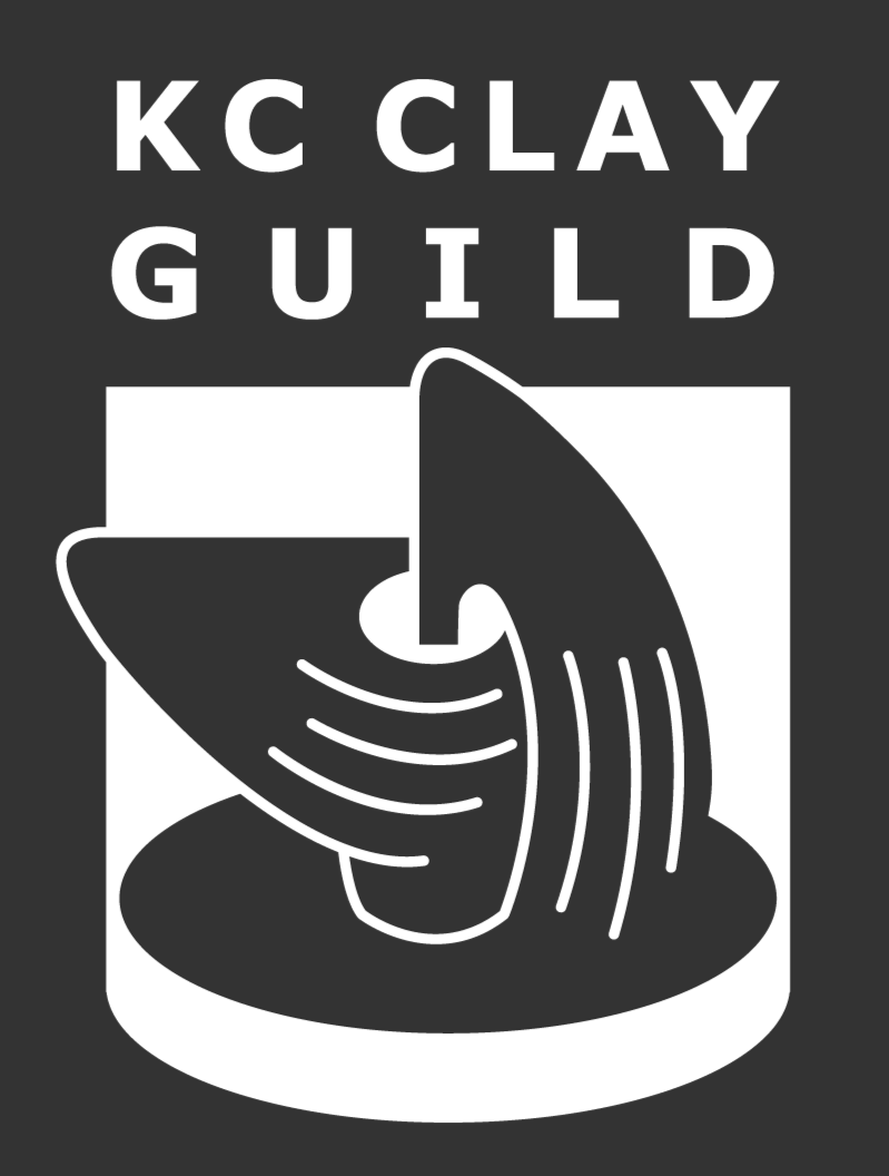 Official KC Clay Guild logo: hands shaping clay on a potter’s wheel below the words KC CLAY GUILD, in white on dark gray (first-party).