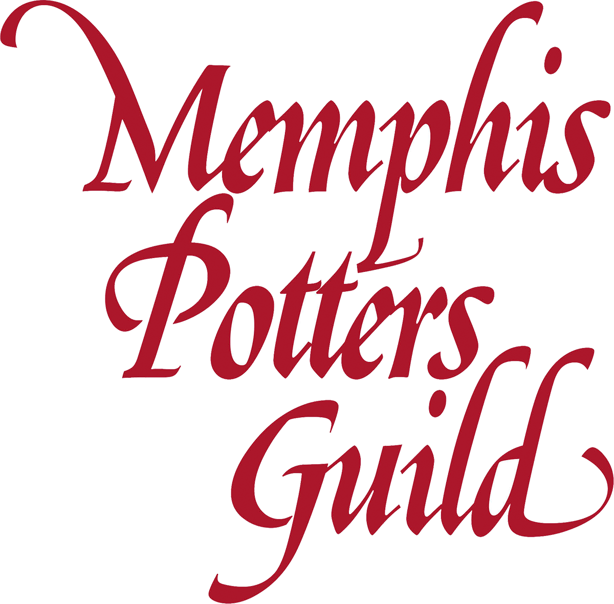 Official Memphis Potters' Guild logo: crimson Memphis Potters Guild lettering on black with white glaze highlights (first-party).