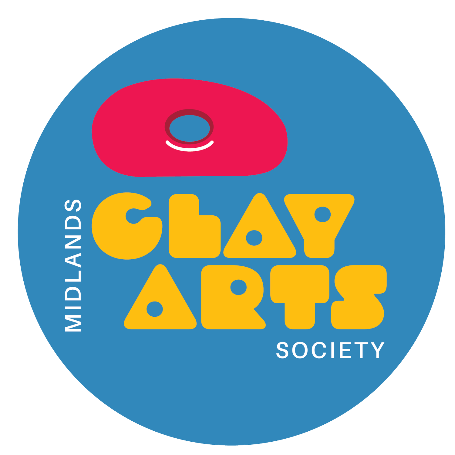 Official Midlands Clay Arts Society logo: yellow CLAY ARTS lettering under a pink rib tool on a blue circle, with MIDLANDS and SOCIETY in white (first-party).