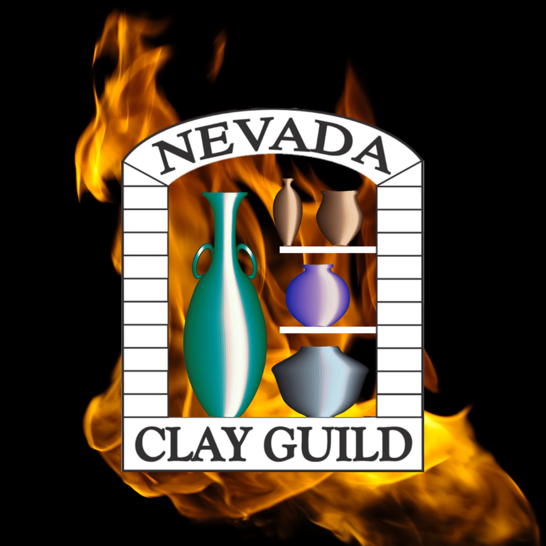 Official Nevada Clay Guild arch-and-pots logo on flames (first-party).