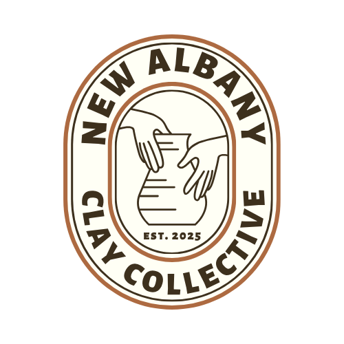 Official New Albany Clay Collective logo: an oval badge with NEW ALBANY CLAY COLLECTIVE around two hands shaping a pot, EST. 2025 (first-party).