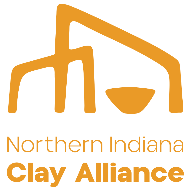 Official Northern Indiana Clay Alliance logo: an orange line-drawn building with a bowl above the alliance name in orange lettering (first-party).
