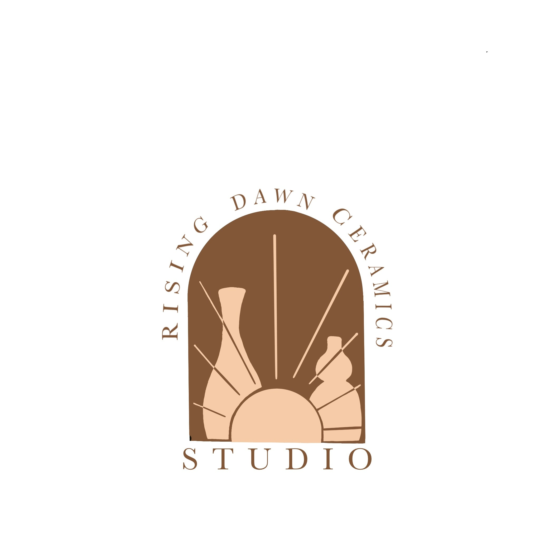 Official Rising Dawn Ceramics logo: an arched brown panel with pots and a rising sun, lettered RISING DAWN CERAMICS and STUDIO (first-party).