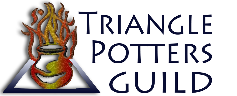 Official Triangle Potters Guild logo: a flaming pot on a triangle beside the guild name in navy lettering (first-party).